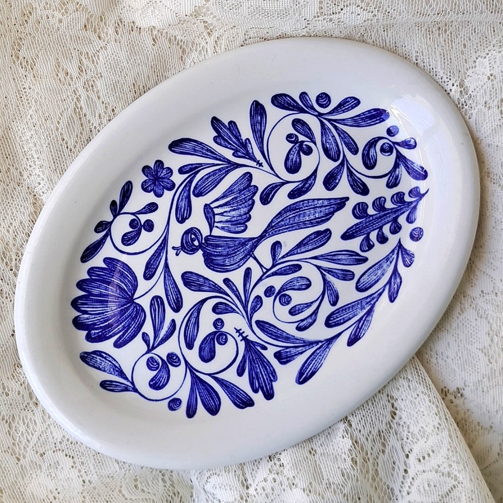 Vtg Anfora Puebla Blue Oval Mexico Ceramic Serving Platter Dish 10.5" Dove Bird